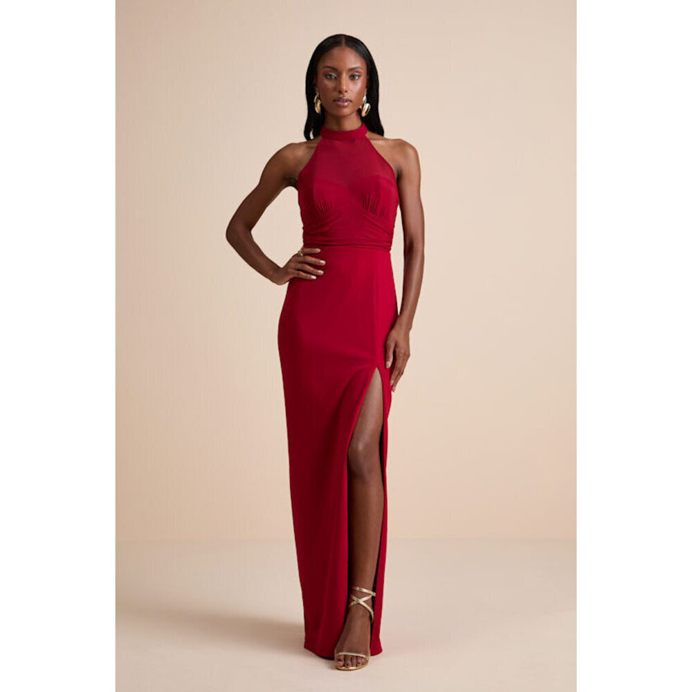 Lulu's Red Halter Maxi Dress with Side Thigh Slit